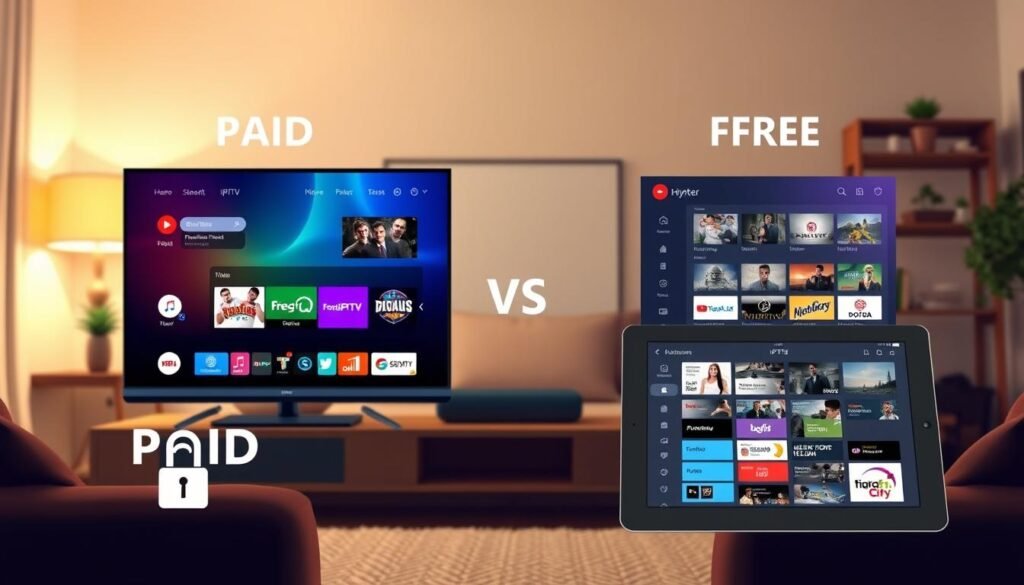 A digital illustration comparing paid and free IPTV services. In the foreground, feature two distinct devices: a modern smart TV displaying a vibrant interface for a paid IPTV service, showcasing premium channels and a sleek user experience. Next to it, a tablet showing a basic, cluttered interface for free IPTV options, perhaps with ads and limited channels. The middle ground depicts subtle visual indicators of subscription features like a padlock symbol and a price tag beside the paid service, contrasted by a free label beside the free service. In the background, a cozy living room setting with soft, warm lighting, complementing a sense of home entertainment. The overall atmosphere conveys a thoughtful comparison, highlighting the advantages and disadvantages aesthetically.