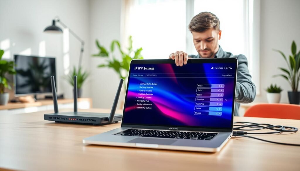 A modern home office setting featuring a sleek desk with a laptop displaying a vibrant IPTV interface. In the foreground, a focused individual, dressed in smart casual attire, is adjusting settings on the laptop, showcasing the theme of optimizing internet connection for IPTV. The middle ground includes a high-tech router with visible LED indicators and various cables organized neatly. The background highlights a well-lit room with a large window allowing natural light to flood in, creating a warm atmosphere. Soft shadows enhance the room's depth, and a few potted plants add a touch of greenery, promoting a relaxed, efficient workspace. The overall mood is professional and inviting, emphasizing the importance of a stable internet connection for a seamless IPTV experience. A modern home office setting featuring a sleek desk with a laptop displaying a vibrant IPTV interface. In the foreground, a focused individual, dressed in smart casual attire, is adjusting settings on the laptop, showcasing the theme of optimizing internet connection for IPTV. The middle ground includes a high-tech router with visible LED indicators and various cables organized neatly. The background highlights a well-lit room with a large window allowing natural light to flood in, creating a warm atmosphere. Soft shadows enhance the room's depth, and a few potted plants add a touch of greenery, promoting a relaxed, efficient workspace. The overall mood is professional and inviting, emphasizing the importance of a stable internet connection for a seamless IPTV experience.