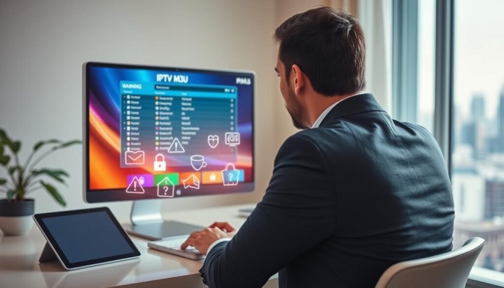 A modern home office setting showcasing a person in professional business attire sitting at a sleek desk, focused on a computer screen displaying a colorful IPTV M3U playlist interface. The foreground features a digital tablet beside the computer, hinting at the technology involved. In the middle, a subtle depiction of warning icons like caution signs and shields emerges softly from the screen, representing security risks associated with IPTV usage. The background includes a blurred city skyline through a window, suggesting the connection to contemporary technology. Soft, natural lighting enhances the atmosphere of professionalism and caution. The overall mood is serious yet informative, perfect for illustrating the risks tied to IPTV M3U playlists. A modern home office setting showcasing a person in professional business attire sitting at a sleek desk, focused on a computer screen displaying a colorful IPTV M3U playlist interface. The foreground features a digital tablet beside the computer, hinting at the technology involved. In the middle, a subtle depiction of warning icons like caution signs and shields emerges softly from the screen, representing security risks associated with IPTV usage. The background includes a blurred city skyline through a window, suggesting the connection to contemporary technology. Soft, natural lighting enhances the atmosphere of professionalism and caution. The overall mood is serious yet informative, perfect for illustrating the risks tied to IPTV M3U playlists.