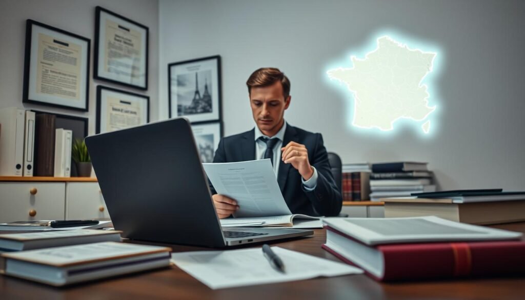 An office setting representing the challenges of IPTV legislation in France. Foreground: a modern desk with a laptop displaying a streaming interface, surrounded by legal documents and books related to telecommunications law. Middle: a professional person in business attire, focused on reviewing a contract, with a thoughtful expression. Background: a wall adorned with framed French legal articles and a softly glowing map of France, highlighting major cities. The lighting is bright and even, casting a professional atmosphere. Angle: slightly overhead, creating a sense of engagement and depth, emphasizing the seriousness of the topic while inviting curiosity into the legal challenges of IPTV in 2026.
