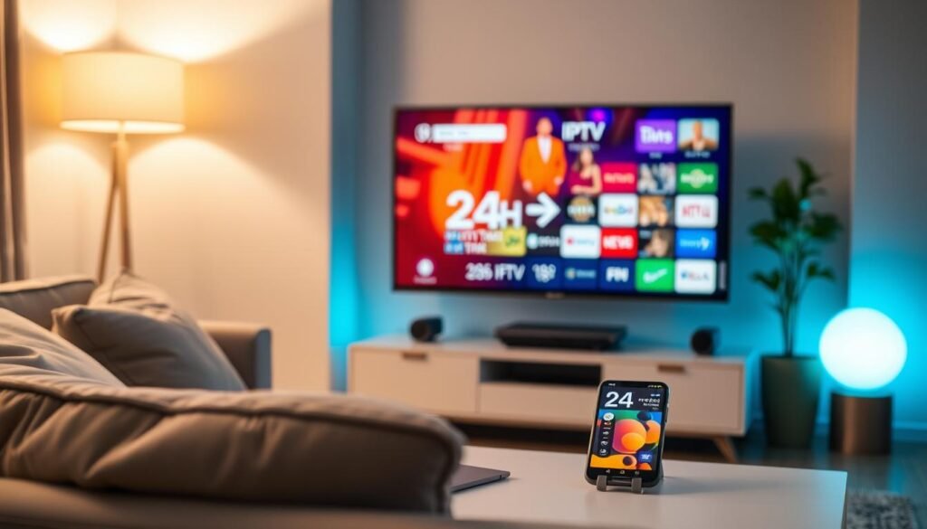 A cozy, well-lit living room featuring a modern flat-screen TV displaying an IPTV interface with vibrant colors. In the foreground, a comfortable sofa adorned with soft cushions invites the viewer to sit. On a stylish coffee table, a remote control rests next to a smartphone displaying the IPTV app. The middle shot shows a digital clock indicating "24h Free Trial" in a subtle blend with the TV screen's content. The background features a softly glowing lamp and a potted plant, creating a warm, inviting atmosphere. The lighting is soft and diffused, enhancing a sense of reliability and comfort, emphasizing the theme of testing IPTV quality in a homely setting. The overall mood is relaxed and inviting, showcasing the excitement of exploring new entertainment options. A cozy, well-lit living room featuring a modern flat-screen TV displaying an IPTV interface with vibrant colors. In the foreground, a comfortable sofa adorned with soft cushions invites the viewer to sit. On a stylish coffee table, a remote control rests next to a smartphone displaying the IPTV app. The middle shot shows a digital clock indicating "24h Free Trial" in a subtle blend with the TV screen's content. The background features a softly glowing lamp and a potted plant, creating a warm, inviting atmosphere. The lighting is soft and diffused, enhancing a sense of reliability and comfort, emphasizing the theme of testing IPTV quality in a homely setting. The overall mood is relaxed and inviting, showcasing the excitement of exploring new entertainment options.