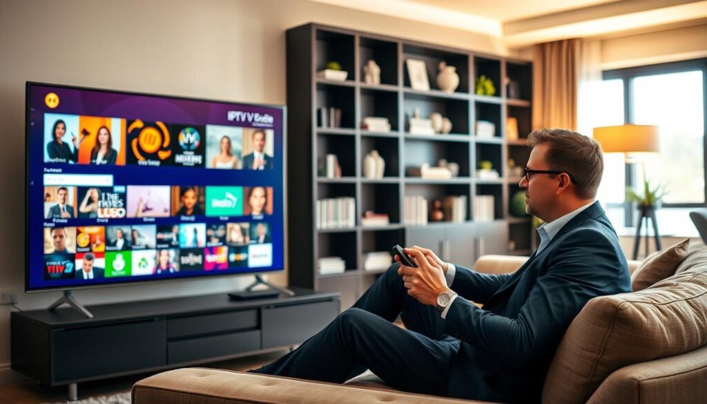A modern living room setup, focusing on a sleek TV displaying an IPTV interface featuring vibrant colorful thumbnails of various streaming content. In the foreground, a professional-looking individual in smart casual attire is seated on a comfortable couch, intently using a remote control, embodying a relaxed yet engaged mood. The middle ground showcases stylish furniture with cozy lighting emanating from a floor lamp, creating a warm and inviting atmosphere. In the background, shelves are lined with books and decorative items, while a window reveals a bright day outside. The image is brightly lit, evoking a sense of clarity and focus on the user experience, captured from a slightly elevated angle to emphasize the engaging streaming environment.