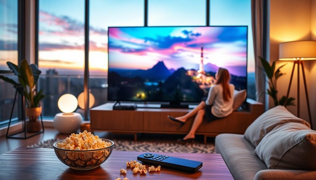 A modern living room setup showcases a sleek television displaying vibrant 4K streaming content. In the foreground, a stylish coffee table holds a remote control and a bowl of popcorn, suggesting an inviting atmosphere for relaxation. The middle ground features a comfortable couch with cushions, and a couple of well-dressed individuals enjoying a movie night, dressed in smart casual attire. Soft, warm lighting from a chic lamp on the side creates a cozy ambiance, while large windows in the background reveal a picturesque sunset outside, enhancing the scene. The overall mood is one of comfort and enjoyment, capturing the essence of a quality streaming experience with a focus on stability and fluidity in images. The composition is shot from a slightly elevated angle to emphasize the immersive setting.