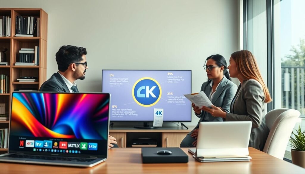A modern office setting where a group of three diverse professionals, dressed in smart business attire, are engaged in a discussion about user experiences with streaming services. In the foreground, a laptop shows a vivid 4K streaming interface with vibrant colors and clarity. The middle ground features a large smart TV displaying a popular streaming service logo, surrounded by paperwork and digital devices displaying positive user reviews and figures. Soft, natural lighting filters through a large window, creating a warm, inviting atmosphere. In the background, a bookshelf filled with technology books and devices complements the scene. The mood is collaborative and insightful, focusing on expert opinions and user feedback about smooth, high-definition streaming and IPTV performance.