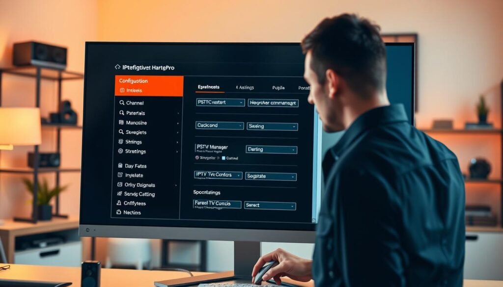 A sleek and modern digital interface showcasing the configuration menu of IPTV Smarters Pro on a large computer screen. In the foreground, a user, dressed in professional casual attire, is intently navigating through the settings, with focused expression and fingers poised on the mouse. The middle ground features detailed visuals of the software's user interface, clearly displaying options for channel management, parental controls, and streaming settings. The background is a softly lit home office with contemporary furniture, including shelves with tech gadgets. Warm ambient lighting creates a relaxed atmosphere, while a slight depth of field emphasizes the screen's details. The overall mood conveys professionalism, clarity, and user-friendliness, allowing viewers to visualize the configuration process effectively.
