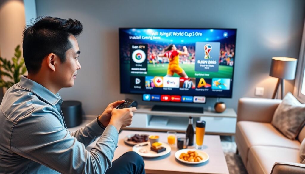 A modern living room featuring a sleek Smart TV displaying a vibrant World Cup match, with the installation interface of the "lien iptv" app visible on the screen. In the foreground, a well-groomed person of Asian descent, dressed in casual professional attire, interacts with the smart TV remote, intently exploring the IPTV features. The middle layer shows a stylish coffee table with snacks and drinks, enhancing the viewing experience. In the background, soft ambient lighting highlights the cozy atmosphere, with a contemporary sofa and tasteful decor. The scene conveys excitement and anticipation for the World Cup 2026, inviting viewers to engage with the smart TV and IPTV technology.