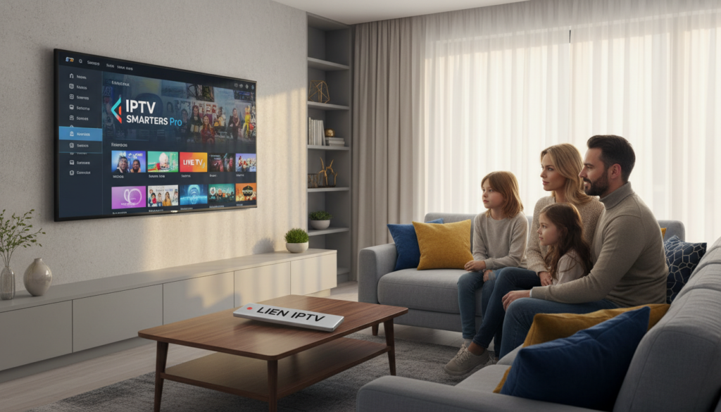A modern living room setting showcasing a sleek television displaying the IPTV Smarters Pro interface. In the foreground, a remote control labeled "LIEN IPTV" lies on a stylish coffee table, surrounded by a contemporary sofa and decorative pillows. In the middle ground, a family of four is engaged in watching their favorite content: two parents in smart casual attire and two children focused on the screen, conveying a cozy, family-friendly atmosphere. The background features a warm lighting scheme, with soft, diffused light filtering through sheer curtains, creating an inviting and relaxed mood. The overall feel is educational and clear, emphasizing comfort and enjoyment, suitable for exploring IPTV services in 2025.