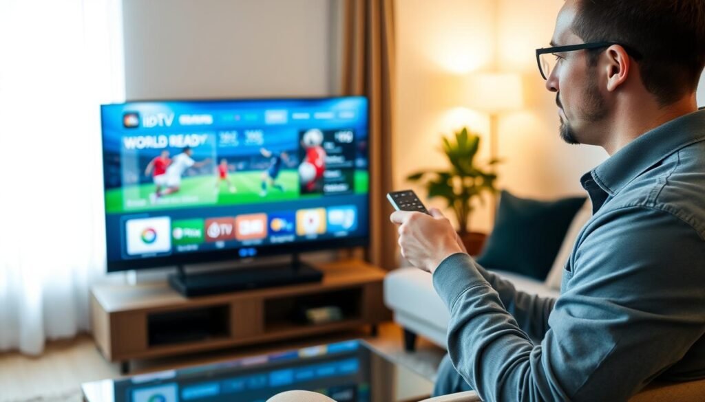 A modern living room with a sleek Smart TV displaying the vibrant interface of the "lien iptv" app, showcasing a World Cup-ready screen with dynamic graphics of soccer players and a football field. In the foreground, a professional-looking technician in modest casual clothing is using a remote control to navigate the installation process. The background features a cozy sofa and warm lighting, creating an inviting atmosphere of support and assistance. The technician is focused and engaged, representing a reliable support service for IPTV installation. Soft, natural light filters through a window, enhancing the sense of a well-organized and tech-savvy space, perfect for enjoying the World Cup.