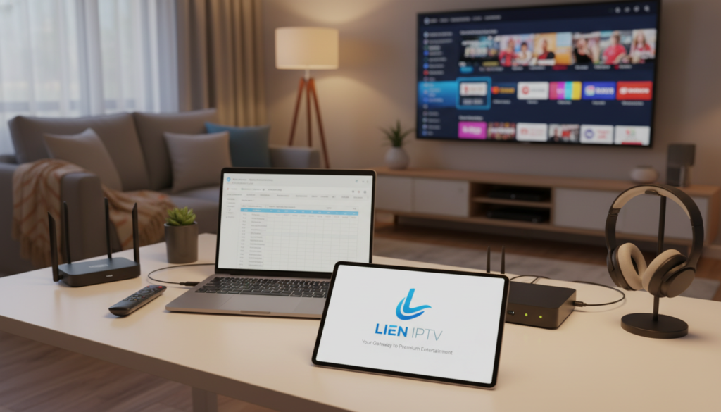 A professional, informative composition depicting a reliable IPTV service. In the foreground, feature a sleek tablet displaying the LIEN IPTV logo, emphasizing quality and accessibility. In the middle ground, create a well-organized home office scene, showcasing a laptop, an IPTV box, and various streaming devices, all arranged neatly on a desk. The background should include a comfortable living room with a large TV displaying a vibrant streaming interface, filled with diverse content options. The lighting should be warm and inviting, suggesting a cozy yet professional atmosphere. Aim for a clear, educational mood that reflects informed decision-making for IPTV subscriptions in 2025. Use a wide-angle lens perspective to capture the entire scene effectively, ensuring everything is well-lit and visually appealing.