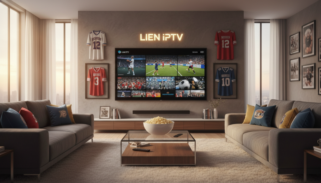 A vibrant living room scene showcasing a modern television displaying a variety of sports IPTV channels under the brand "LIEN IPTV". In the foreground, a sleek coffee table with a bowl of popcorn and a remote control ready for use. The middle ground features the TV prominently, surrounded by comfortable sofas, with sports jerseys hanging on the walls to enhance the sports ambiance. In the background, large windows allow natural light to flood the room, creating a cozy yet energetic atmosphere. The mood is engaging and inviting, perfect for sports fans. Soft warm lighting adds to the homely feel, while a wide-angle lens captures the lively setting.