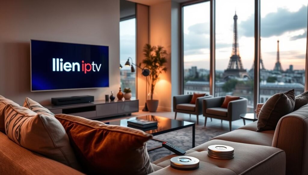 A contemporary living room featuring a sleek television displaying the "lien iptv" logo, surrounded by elegant furniture and decor that exudes luxury. In the foreground, a comfortable couch with stylish throw pillows invites relaxation, while a coffee table holds a remote control and a few disks of content to enhance the viewing experience. In the middle ground, soft, ambient lighting creates a cozy atmosphere, highlighting the modern design elements. In the background, large windows showcase a picturesque view of Paris, with the Eiffel Tower visible, adding an iconic French element to the scene. The overall mood is sophisticated and inviting, suggesting a top-tier IPTV experience in France.