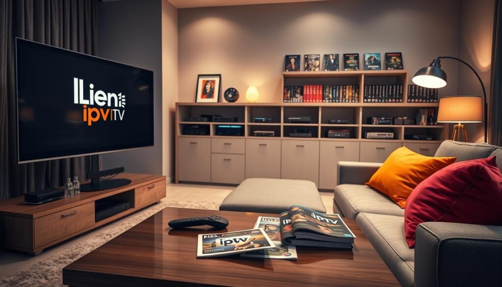 A modern living room setting, featuring a sleek, high-definition television displaying the "lien iptv" logo prominently on the screen. In the foreground, a stylish coffee table holds a remote control and a few magazines about streaming services. In the middle, a comfortable sofa adorned with vibrant cushions invites viewers to relax. The background reveals an elegantly arranged entertainment unit with various IPTV streaming devices and DVDs labeled with genres, illustrating a diverse catalog. Soft, warm lighting from floor lamps creates an inviting atmosphere, making it perfect for a cozy movie night. The overall mood is relaxed and professional, showcasing the premium feel of a top-tier IPTV service.