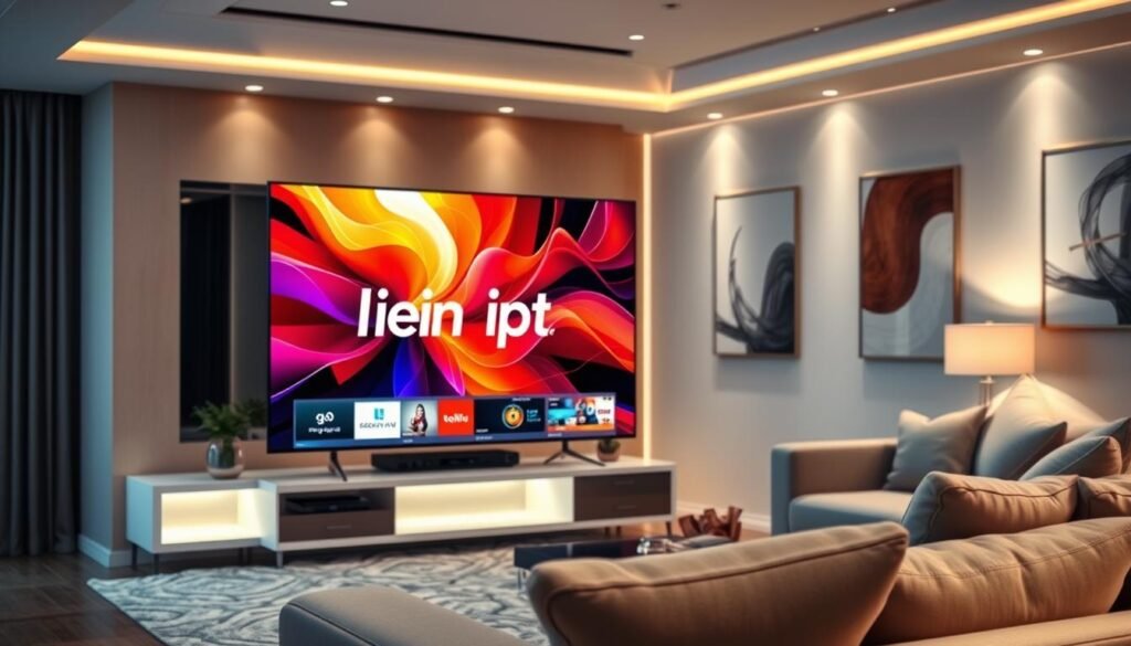 A visually stunning representation of "secure continuous streaming" featuring a sleek modern television, prominently displaying the brand "lien iptv". In the foreground, the TV screen shows vibrant, dynamic streaming content, with clear images that suggest high performance. The middle layer includes a stylish, minimalist living room setting with plush furniture and ambient lighting that creates a warm, inviting atmosphere. The background contains a wall adorned with abstract art and dimmed lights, enhancing the mood of relaxation and entertainment. Use soft, diffused lighting to highlight the details without harsh shadows. The angle is slightly tilted to focus on the TV, conveying a sense of engagement and seamless viewing experience.